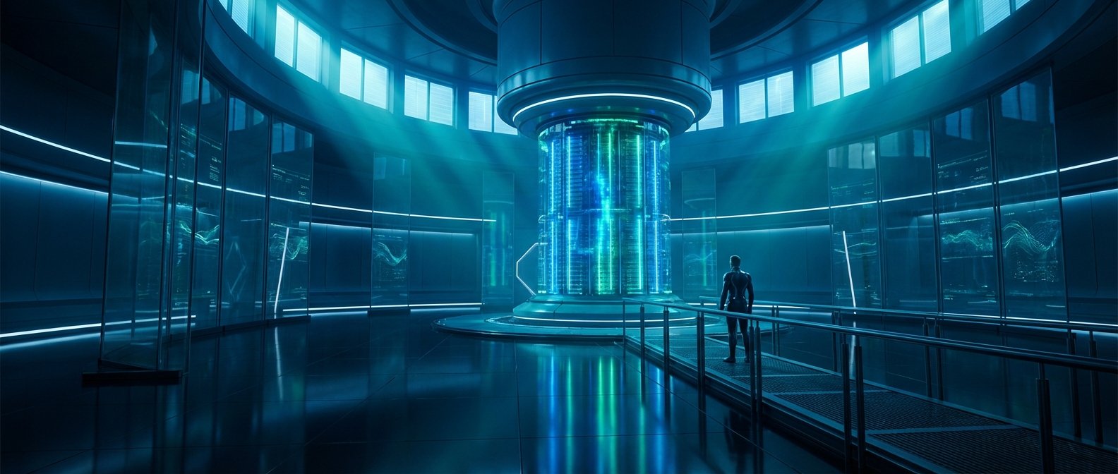 Un hombre en un traje oscuro camina por una pasarela metálica hacia un gran cilindro central luminoso, que parece un superordenador o centro de datos holográfico, en una sala futurista de alta tecnología con paredes de cristal que muestran gráficos y datos en luz azul y verde.