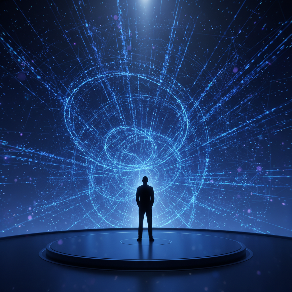 Silueta de un hombre de pie en una plataforma circular frente a una gran pantalla curva que muestra una compleja red de líneas y puntos azules luminosos, representando datos o un entorno digital futurista.
