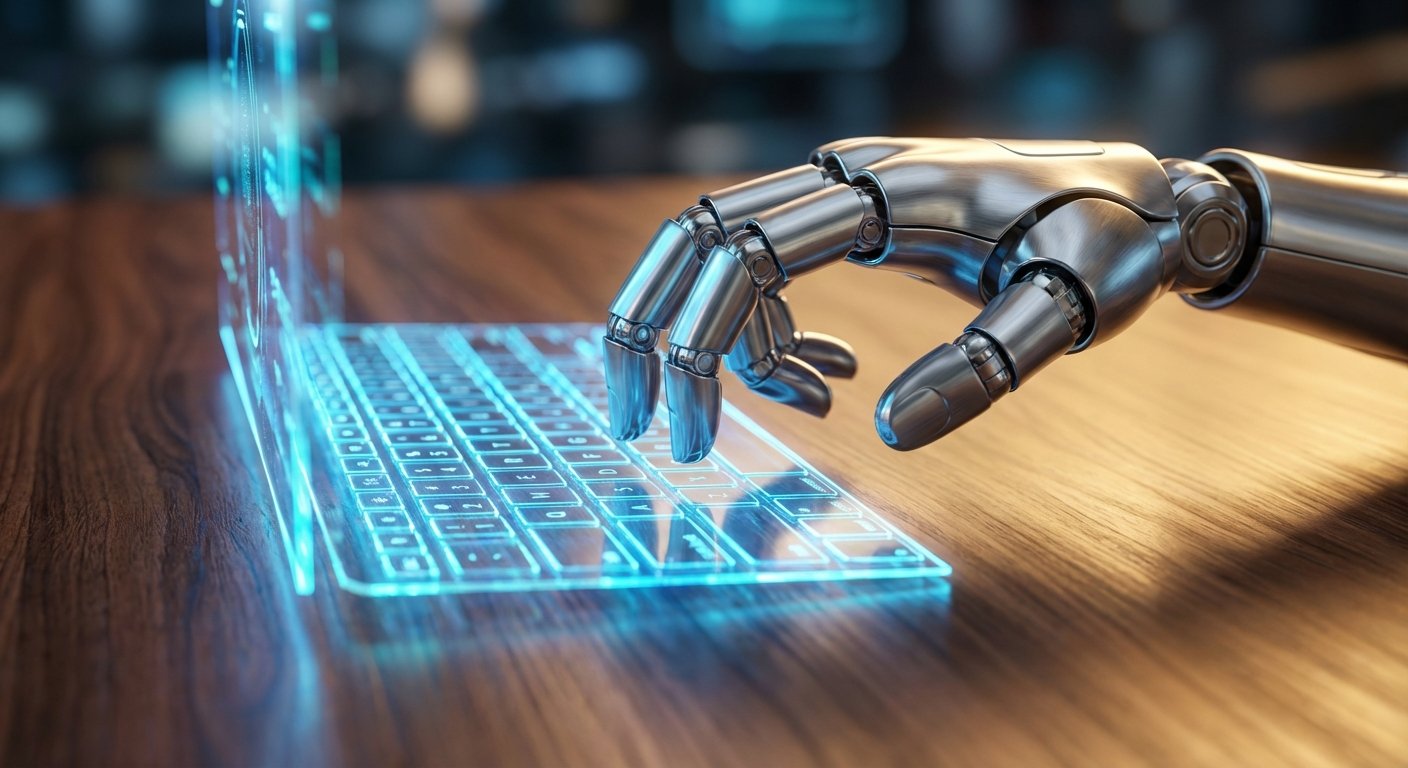 Mano robótica de metal presionando un teclado holográfico y una pantalla virtual iluminados en azul, sobre una superficie de madera.