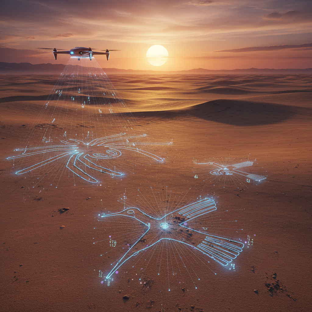 Un dron escanea geoglifos de Nazca, incluyendo una araña y un colibrí, que brillan con luz digital azul en un desierto al atardecer.