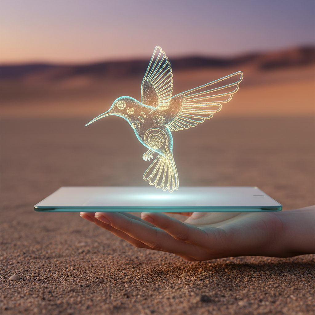 Una mano sostiene una tableta transparente de la que emerge un colibrí holográfico brillante con líneas azules y doradas, sobre un fondo de desierto al atardecer.