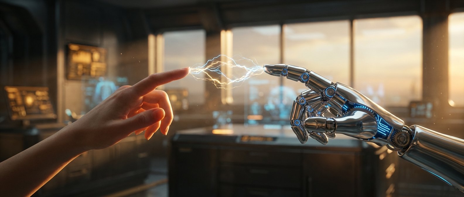 Una mano humana y una mano robótica plateada con detalles azules se tocan, generando un destello de electricidad entre sus dedos en un entorno futurista con ventanales y un atardecer.