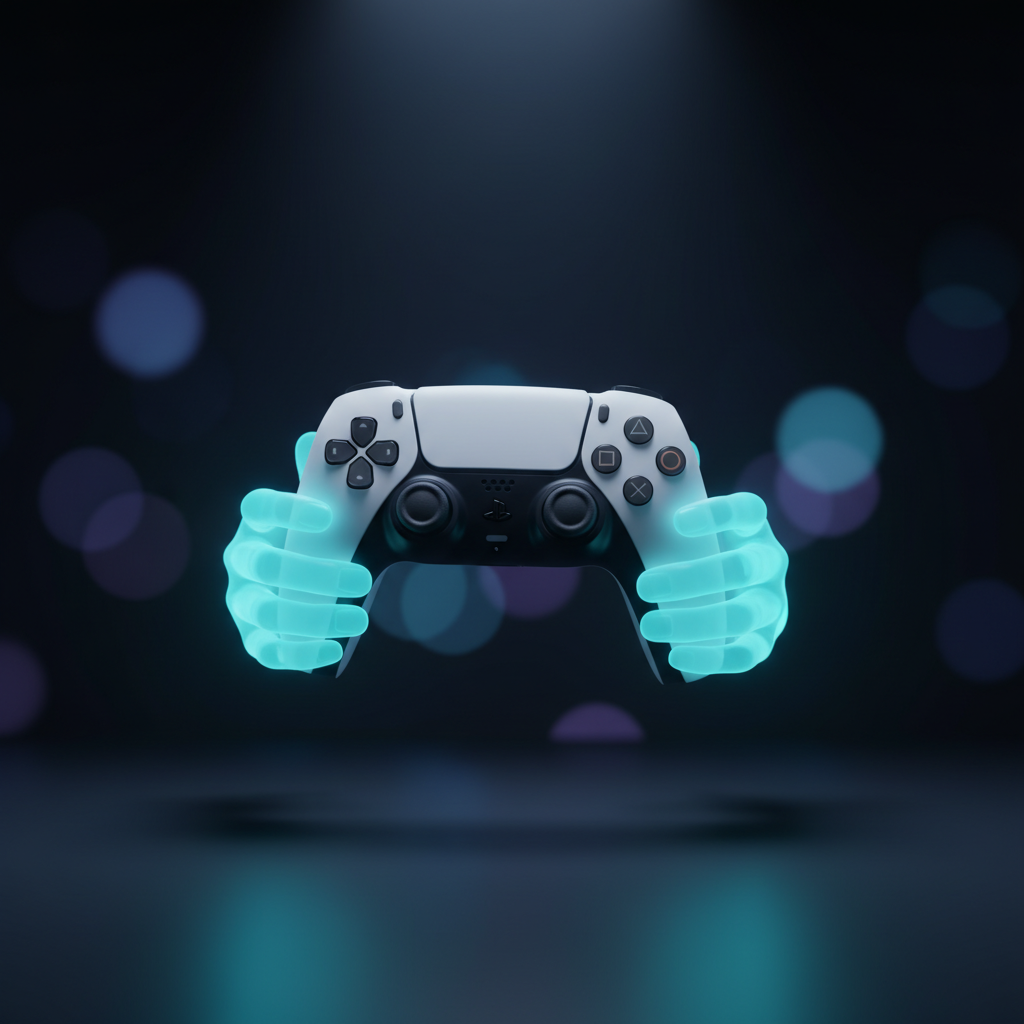 Un mando de PlayStation 5 DualSense blanco es sujetado por dos manos de energía cian brillante sobre un fondo oscuro con luces bokeh desenfocadas.