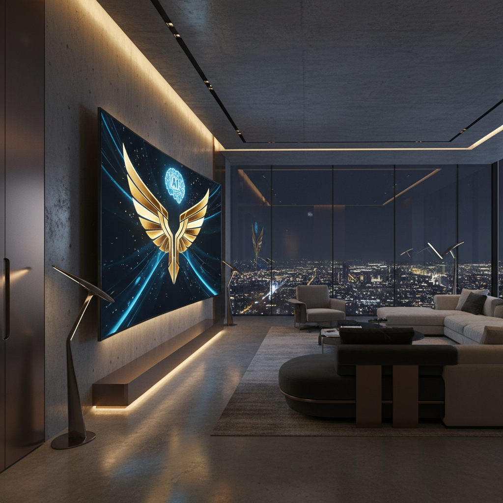Sala de estar moderna y lujosa de noche con una gran pantalla que muestra un logo dorado alado y un cerebro azul con 
