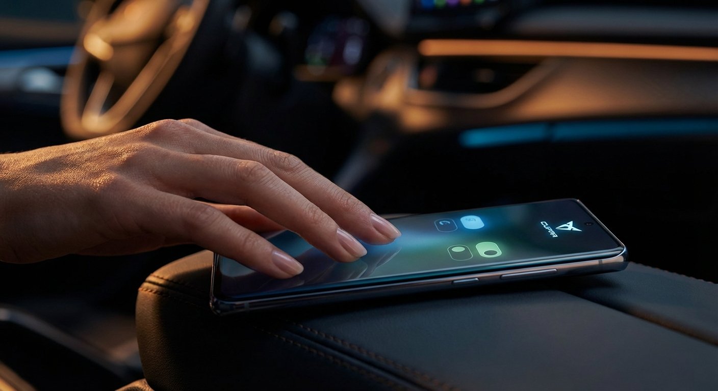 Mano de una persona tocando la pantalla de un smartphone con el logo de CUPRA en el interior de un coche.