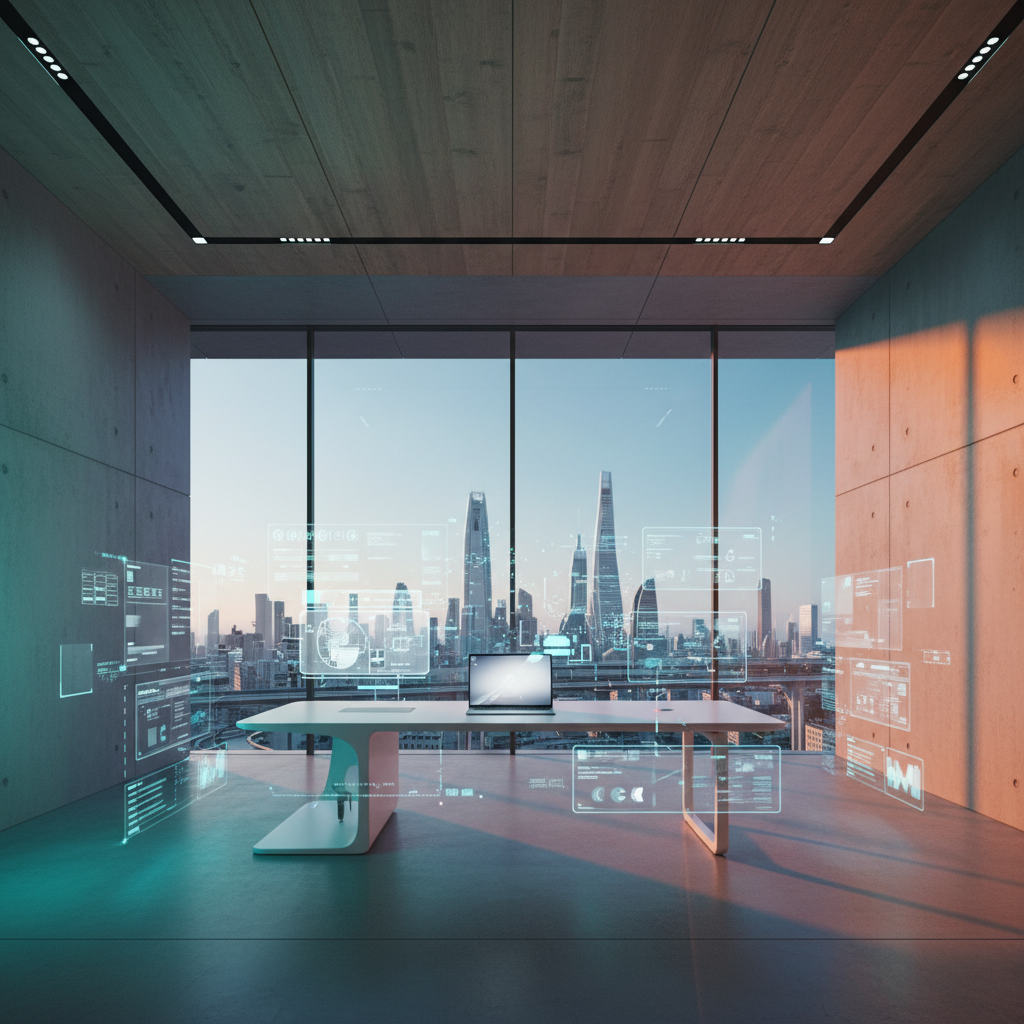 Oficina moderna y futurista con grandes ventanales que ofrecen vistas a un rascacielos urbano al atardecer, con interfaces de usuario holográficas flotantes de color cian y un portátil sobre un escritorio minimalista. La sala presenta paredes de hormigón y un techo de madera con iluminación contemporánea.