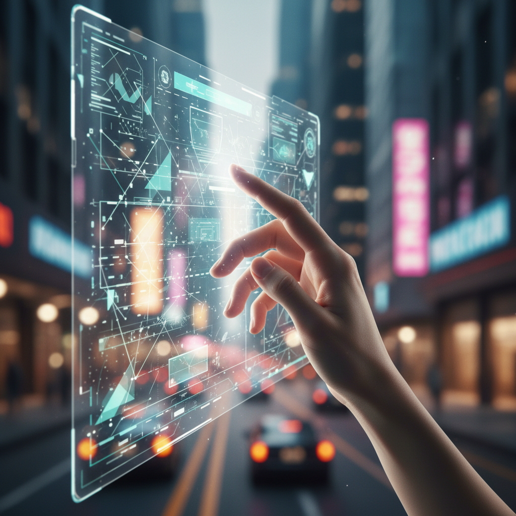 Mano interactuando con una pantalla holográfica transparente que muestra una interfaz de usuario futurista con gráficos y datos, con un fondo de ciudad nocturna borrosa.