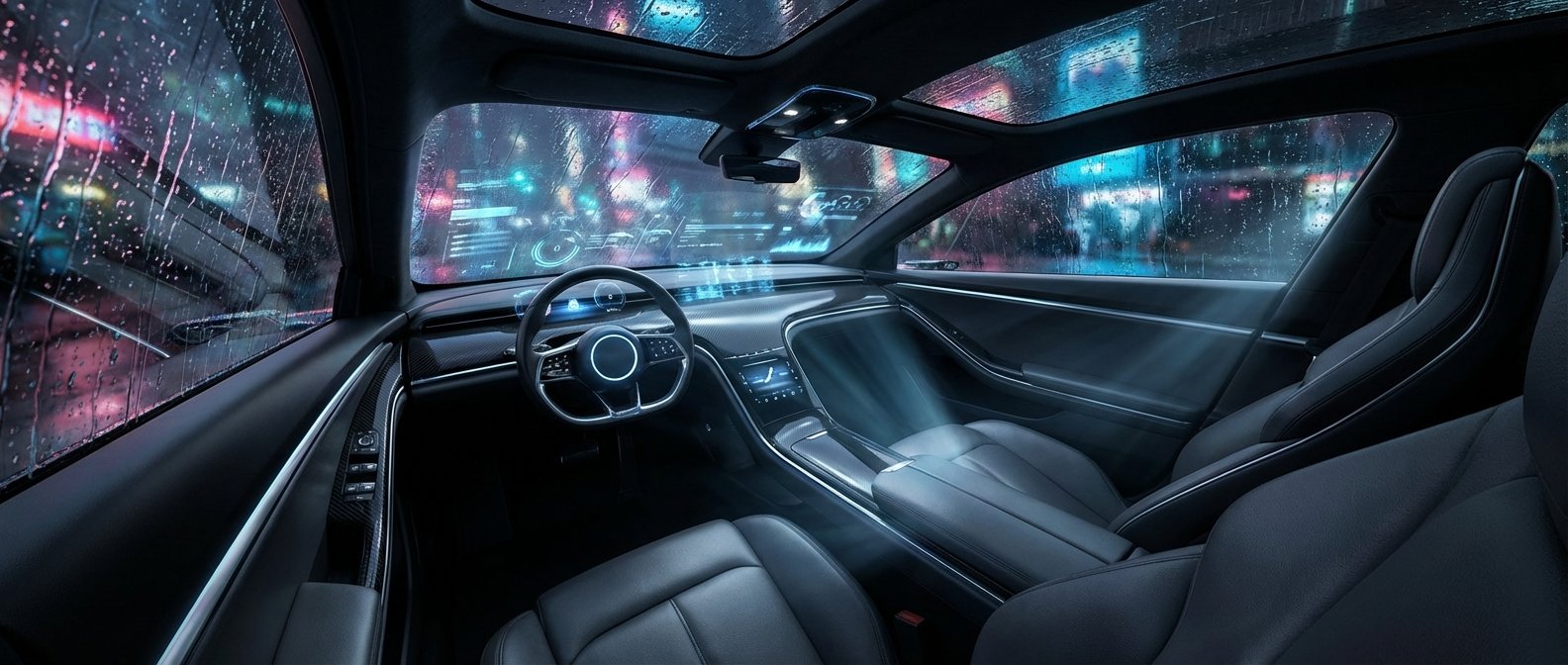 Interior de un coche moderno y futurista con asientos de cuero oscuro, un volante con controles digitales y pantallas holográficas proyectadas en el parabrisas. Llueve sobre los cristales, reflejando luces de neón de una ciudad nocturna al fondo. El coche tiene techo panorámico y detalles de fibra de carbono.