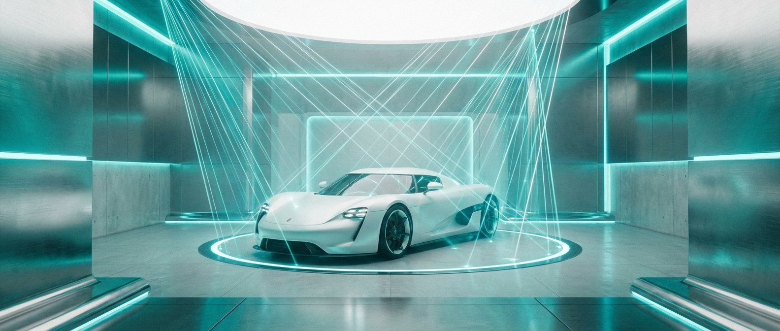 Un coche deportivo blanco y elegante se exhibe en un moderno showroom con paredes de hormigón y paneles metálicos. El espacio está iluminado con luces LED cian que recorren el techo, las paredes y una plataforma circular bajo el coche, además de múltiples rayos de luz cian que atraviesan el aire.