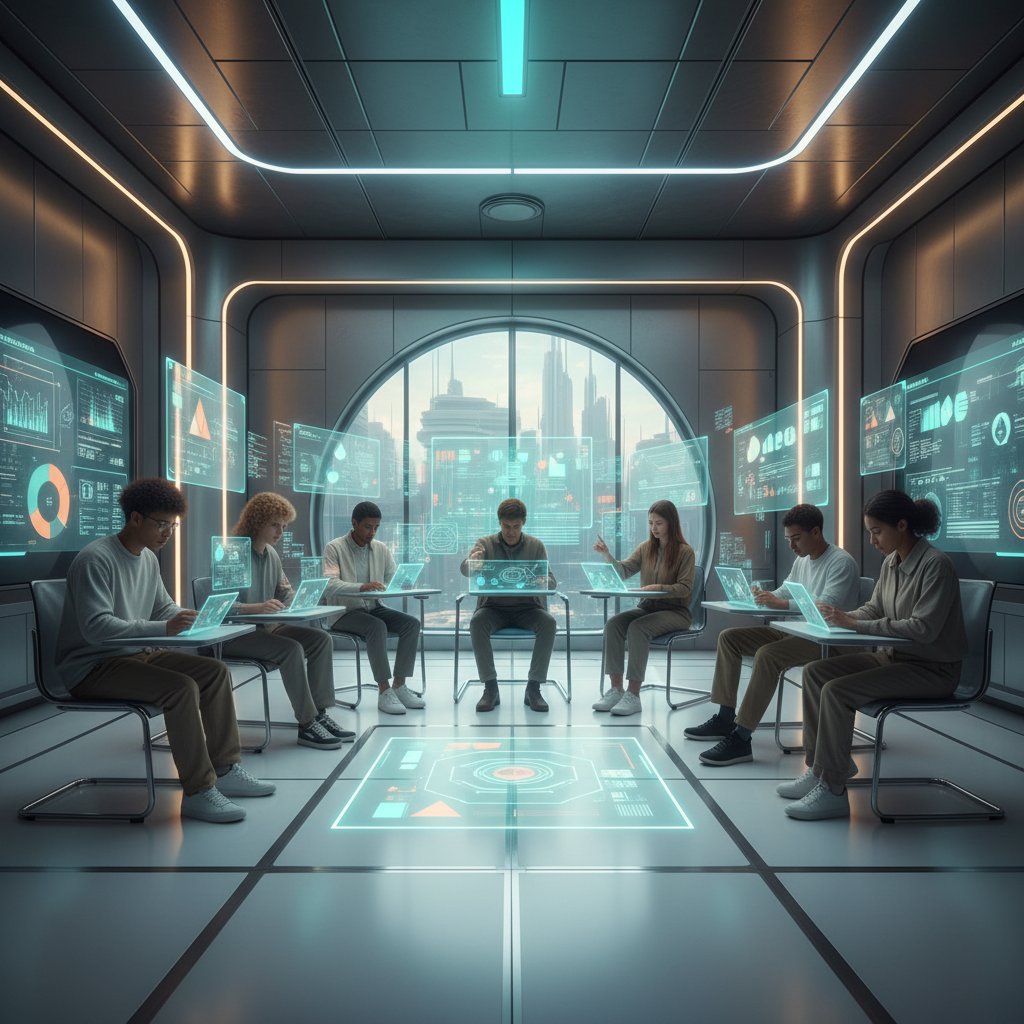 Siete jóvenes interactuando con laptops transparentes y pantallas holográficas en una moderna sala de reuniones. El espacio presenta grandes pantallas de datos en las paredes, una proyección holográfica en el suelo y una ventana circular con vista a una ciudad futurista.