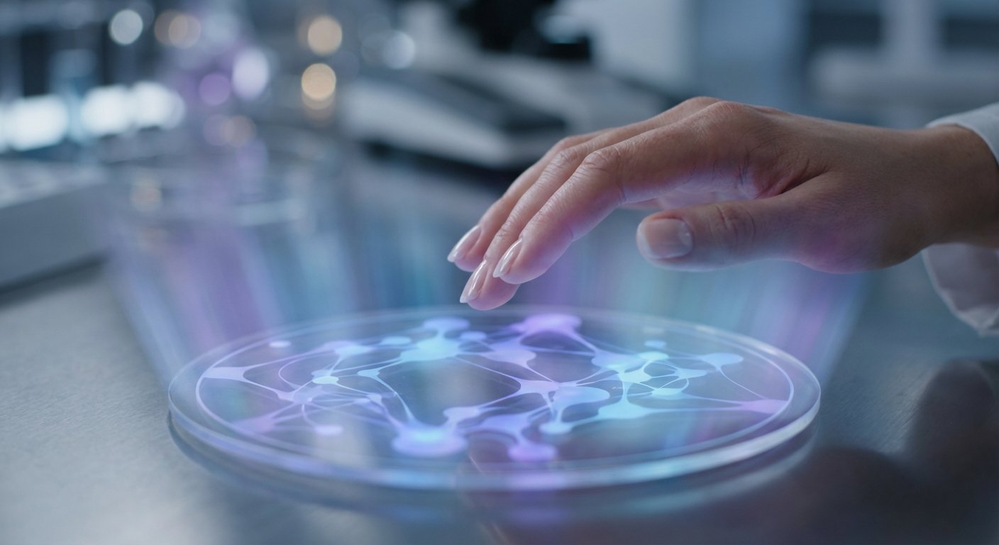 Mano de persona interactuando con una interfaz holográfica que muestra una red de nodos luminosos azules y morados en una placa transparente sobre una mesa metálica, con un fondo de laboratorio difuminado.