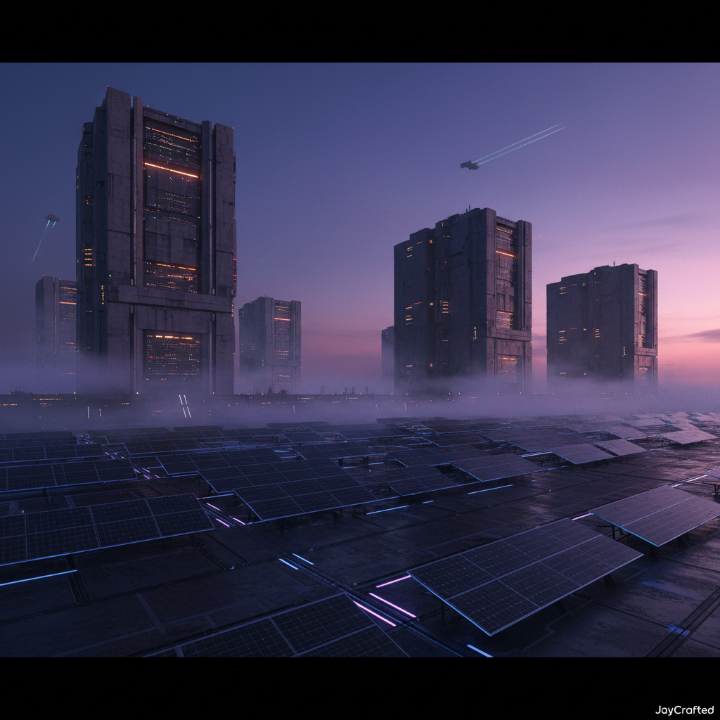 Granja de paneles solares con luces de neón en primer plano, frente a edificios futuristas iluminados y cubiertos de neblina. Naves voladoras atraviesan un cielo crepuscular de tonos azules y púrpuras.