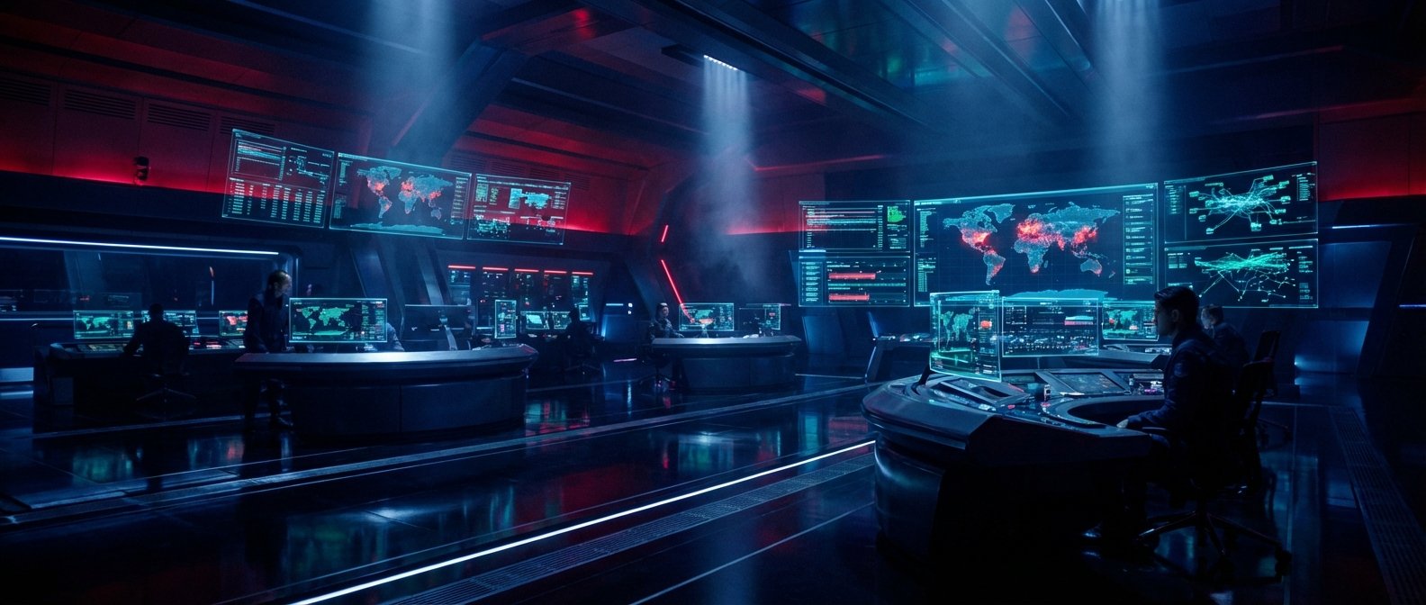 Una amplia sala de control futurista con tonos azules y rojos, donde varias personas trabajan en estaciones de trabajo con múltiples pantallas, incluyendo monitores holográficos. Grandes paneles en las paredes muestran mapas mundiales con puntos rojos y gráficos de red, junto con datos complejos.