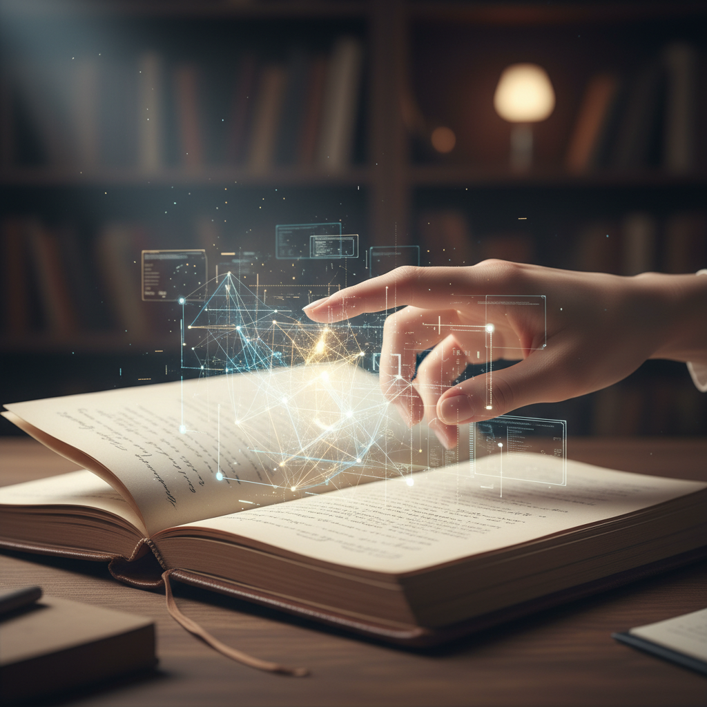Una mano interactúa con una proyección holográfica de datos y una red de información que flota sobre un libro abierto, en un entorno de biblioteca.
