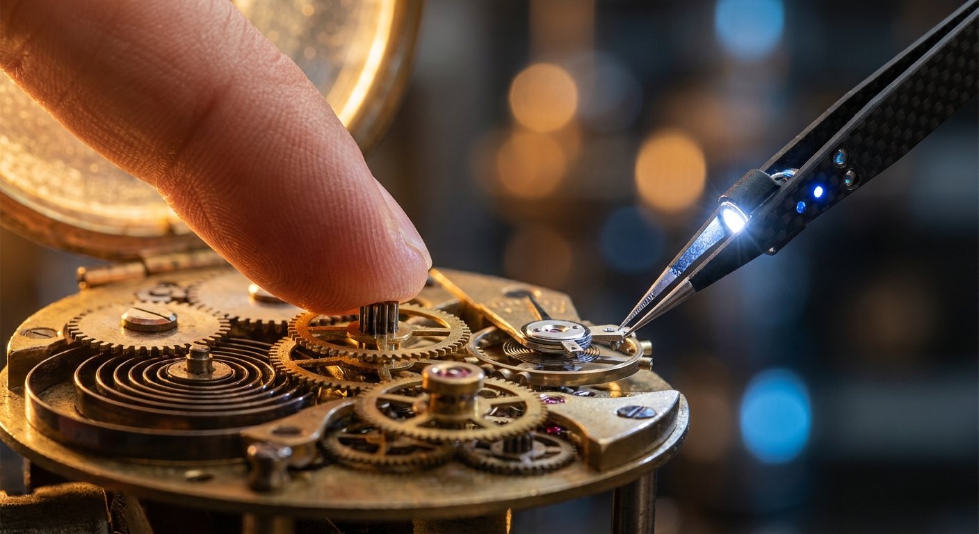 Primer plano de un dedo y unas pinzas con luz LED trabajando en el mecanismo interno de un reloj, mostrando engranajes dorados, muelles y rubíes.