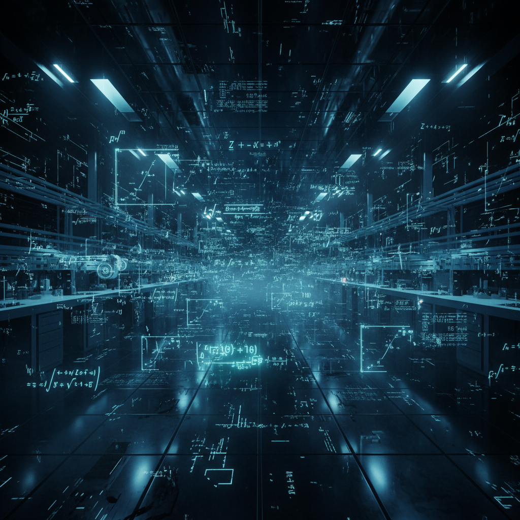Un pasillo digital oscuro y futurista lleno de proyecciones de datos, fórmulas matemáticas y patrones de circuitos luminosos en tonos cian, representando un entorno de big data o computación avanzada.