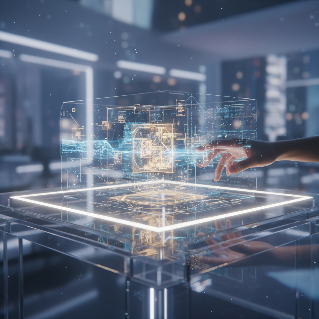 Una mano humana interactúa con una proyección holográfica en 3D que muestra circuitos y patrones de datos digitales brillantes en tonos azules y dorados, sobre una mesa reflectante con bordes iluminados en un entorno tecnológico moderno.