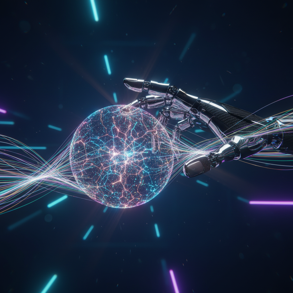 Mano robótica de metal y carbono interactuando con una esfera brillante que representa una red de datos, con flujos de luz de colores y un fondo tecnológico oscuro.