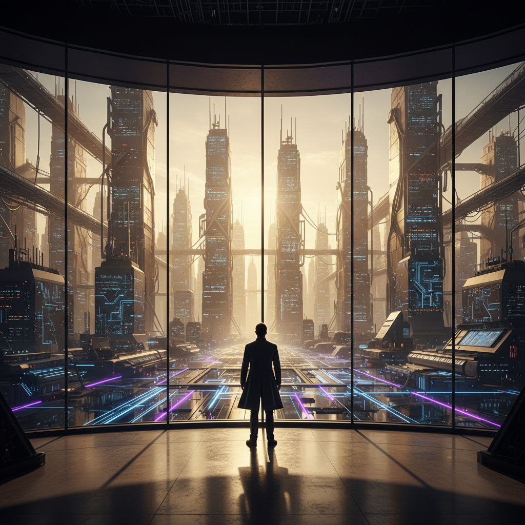 Un hombre de espaldas observa un paisaje urbano futurista a través de un gran ventanal, con rascacielos interconectados, vías de luz azules y moradas y el cielo iluminado por el amanecer o atardecer.