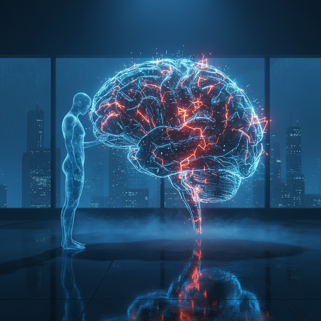 Una figura humana translúcida azul toca un gran cerebro digital luminoso con redes neuronales rojas activas. El escenario es una sala futurista con ventanas que dan a una ciudad nocturna, y el suelo refleja las luces.