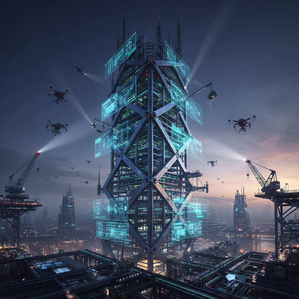 Rascacielos futurista con estructura metálica abierta y múltiples pantallas holográficas de datos, situado en una ciudad al atardecer y rodeado por drones y grúas industriales.