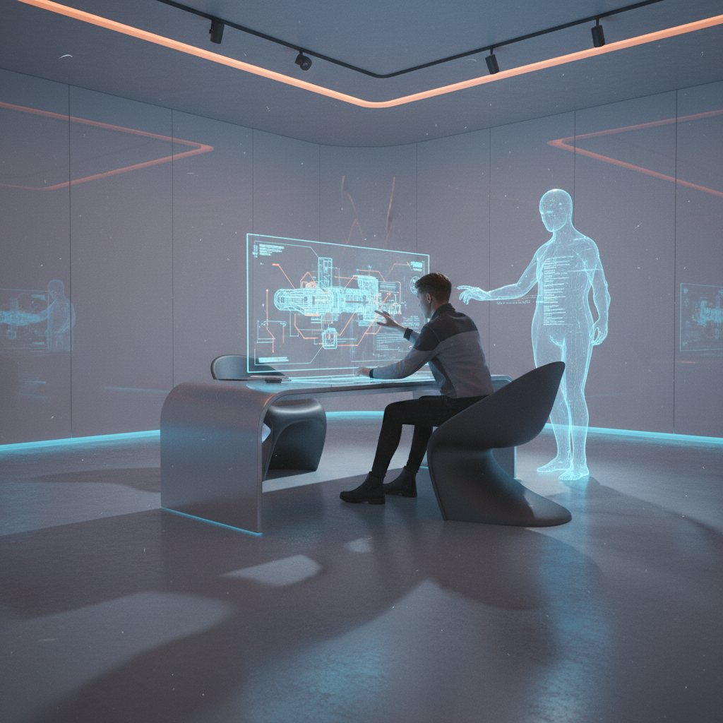 Un hombre en un escritorio futurista interactúa con una pantalla holográfica que muestra un diseño de ingeniería, mientras una figura humana translúcida y brillante lo asiste.