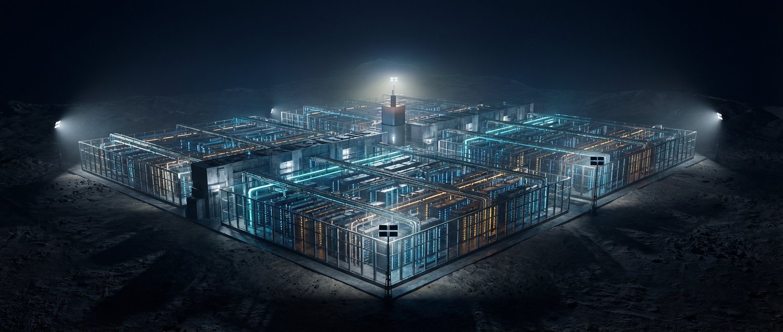Un complejo de centros de datos futurista con estructuras de cristal y servidores iluminados en tonos azules y naranjas, situado en un paisaje oscuro y rocoso similar a la luna, con focos potentes.
