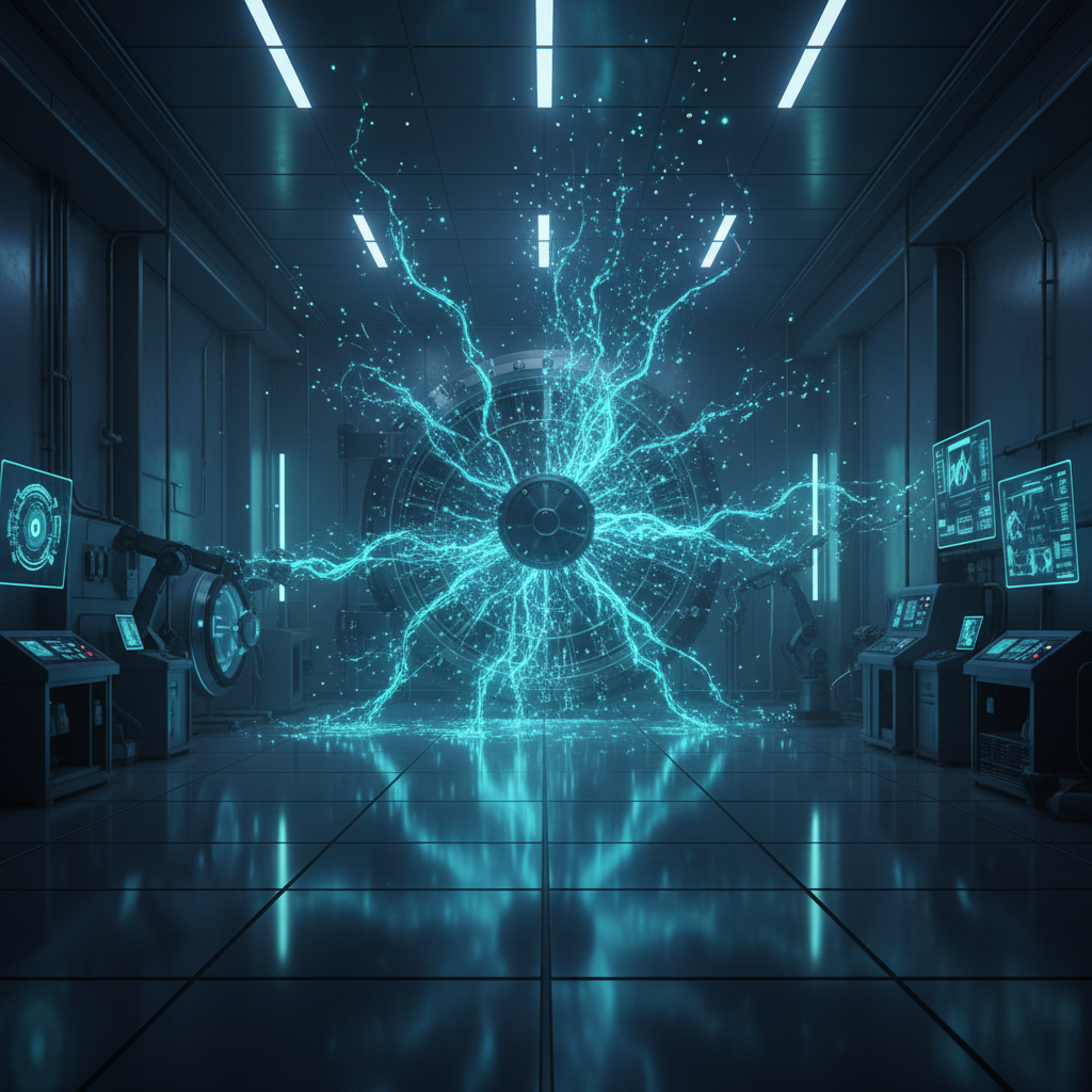 Un laboratorio futurista y oscuro con una gran máquina circular en el centro que irradia destellos y energía eléctrica azul brillante. A los lados hay consolas de control con pantallas que muestran gráficos y brazos robóticos.