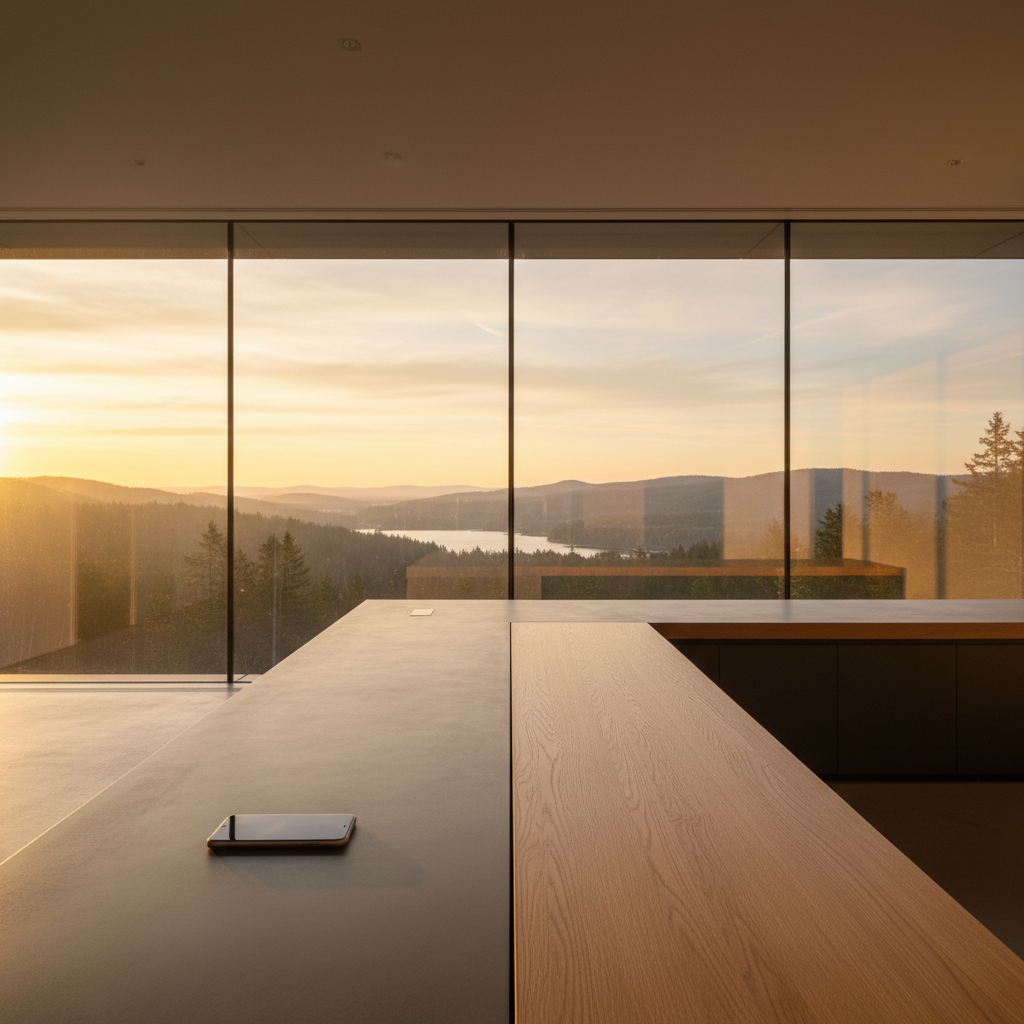 Cocina moderna con grandes ventanales que muestran un paisaje de montañas, bosques y un lago al atardecer, con un teléfono móvil en la encimera.} {