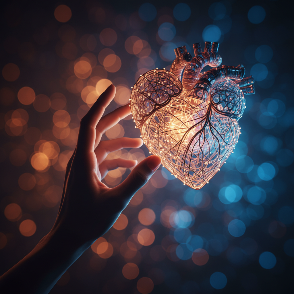 Una mano humana sostiene un corazón anatómico brillante, formado por alambre metálico y luces LED, sobre un fondo bokeh con tonos naranjas y azules.