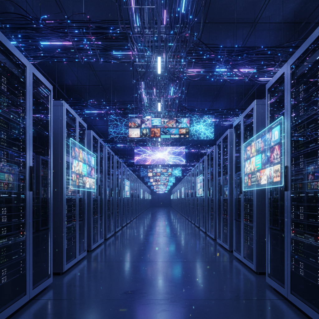 Interior de un centro de datos con largos pasillos flanqueados por racks de servidores. El techo está iluminado con luces de neón azules y púrpuras, mostrando intrincadas redes de cables luminosos. Múltiples pantallas holográficas en el aire exhiben miniaturas de contenido de video y patrones de conexión digital.