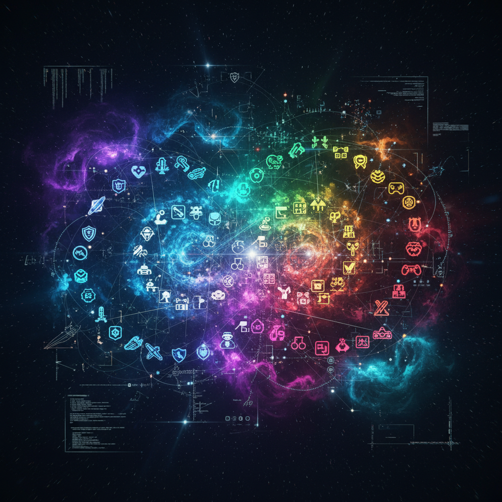 Una compleja red de íconos digitales interconectados que representan tecnología, juegos, servicios y datos, dispuestos en una espiral brillante sobre un fondo cósmico oscuro con nebulosas de colores vibrantes como morado, azul, verde, amarillo, naranja y rojo, junto con elementos de interfaz de usuario futuristas.
