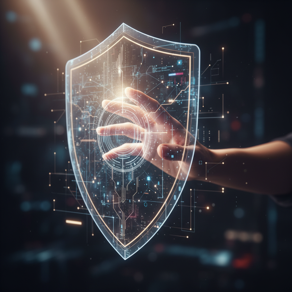 Una mano alcanza un escudo digital brillante y transparente, compuesto por elementos de circuitos y datos, sobre un fondo oscuro.