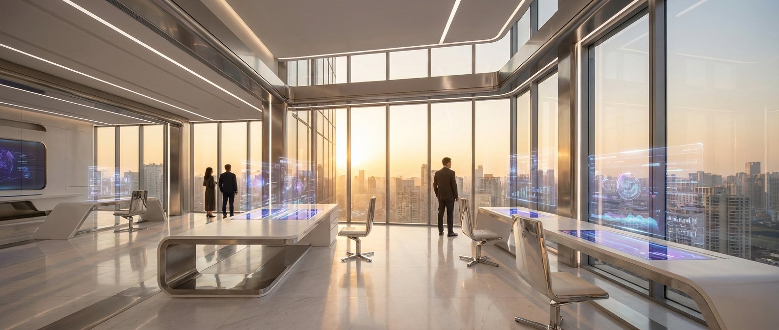Interior de una oficina moderna y luminosa con grandes ventanales que muestran una ciudad al atardecer. Varias personas se encuentran de pie observando el paisaje urbano y consultando pantallas holográficas con datos y gráficos. El mobiliario es de diseño futurista, con mesas y sillas elegantes en un espacio diáfano de tonos claros.
