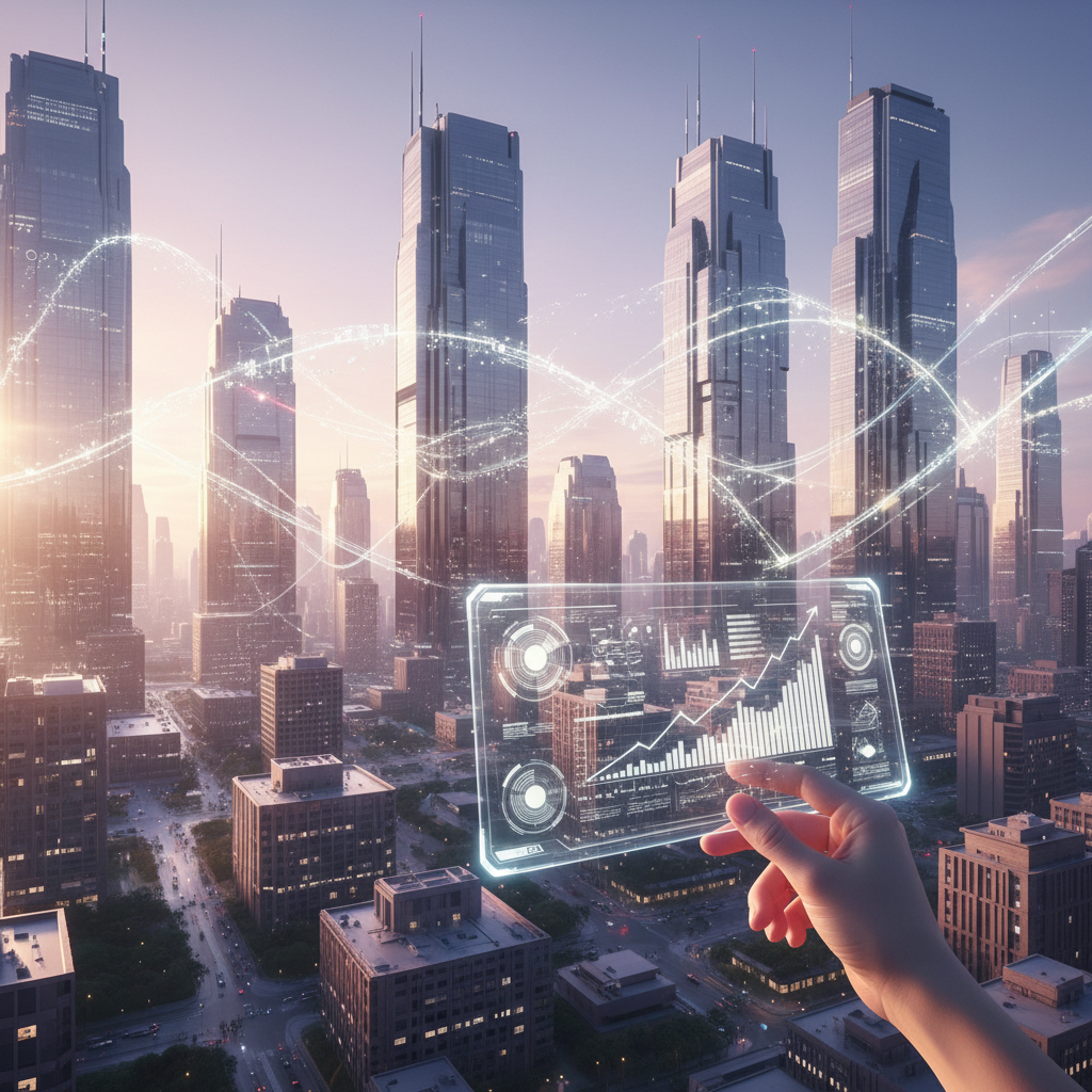 Mano sosteniendo una pantalla holográfica transparente con gráficos de análisis de datos sobre un fondo de ciudad futurista con rascacielos al atardecer y redes luminosas de conectividad entre edificios.