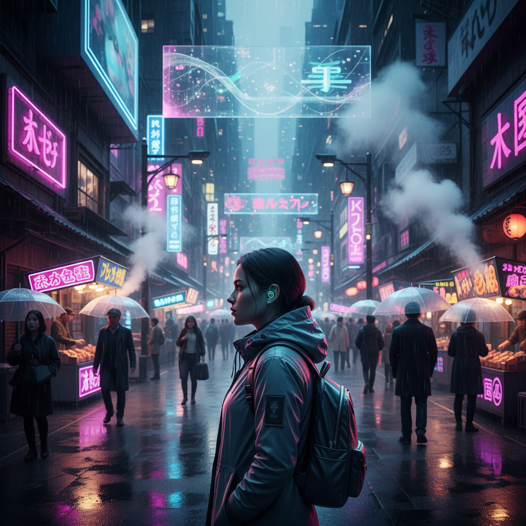 Mujer joven de perfil con chaqueta y mochila en una concurrida calle lluviosa de una ciudad futurista. El ambiente está iluminado por intensas luces de neón rosas y azules, reflejadas en el asfalto mojado. Se observan personas con paraguas, puestos de mercado y carteles holográficos con caracteres asiáticos y gráficos abstractos.