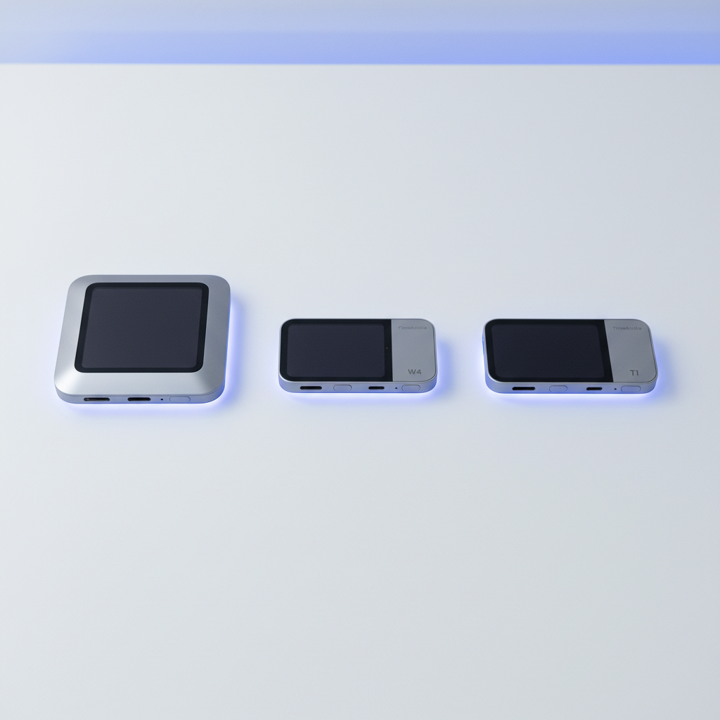 Tres dispositivos electrónicos plateados con pantallas oscuras, que emiten un brillo azul por debajo, colocados sobre una superficie blanca. El de la izquierda es cuadrado, y los dos rectangulares de la derecha están marcados como TimeAudio W4 y TimeAudio T1.