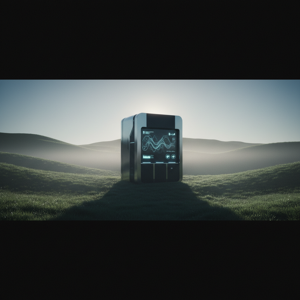 Una máquina futurista con pantalla digital que muestra gráficos de ondas azules, ubicada en un paisaje de suaves colinas verdes y un ambiente brumoso bajo un cielo claro.