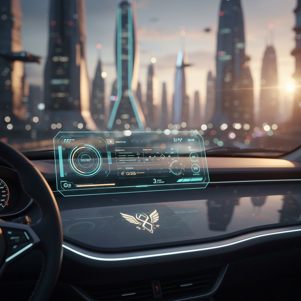Interior de un coche futurista con volante a la izquierda, una pantalla holográfica proyectando datos sobre el salpicadero y un emblema dorado luminoso. Al fondo se ve una ciudad futurista con rascacielos al atardecer.