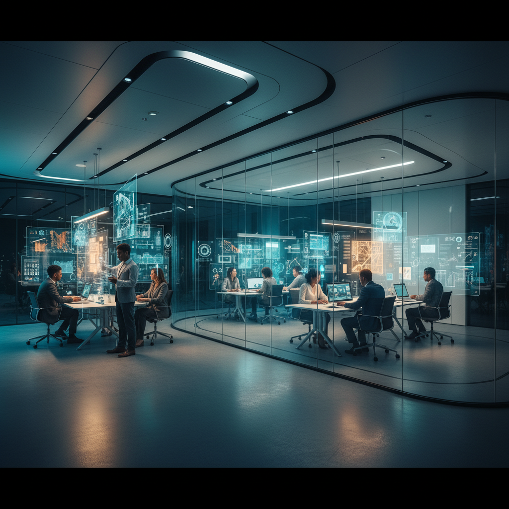 Un grupo de profesionales trabajando en una oficina moderna con paredes de cristal, utilizando computadoras y pantallas holográficas que muestran gráficos y datos.