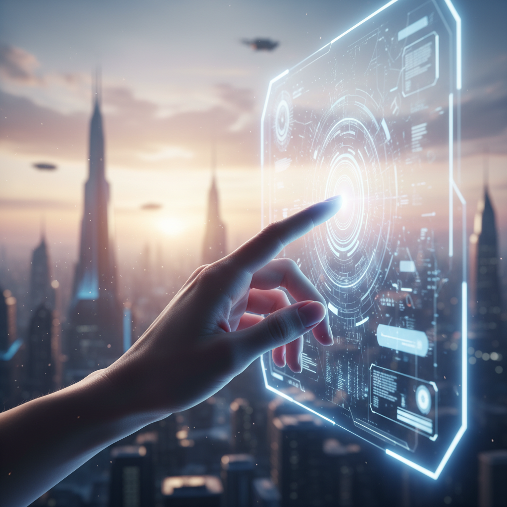 Una mano de mujer con el dedo índice tocando una interfaz holográfica brillante con gráficos y datos, sobre un fondo de ciudad futurista con rascacielos y vehículos voladores al atardecer.
