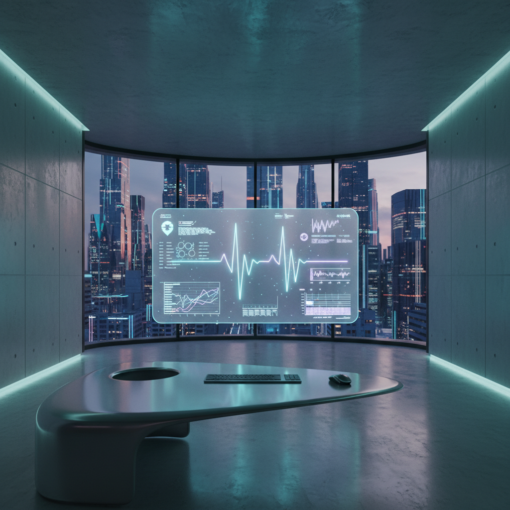 Oficina moderna y futurista con paneles de hormigón y luces LED cian. Una gran pantalla holográfica transparente muestra un electrocardiograma, gráficos de datos y estadísticas, con un fondo de rascacielos iluminados en una ciudad nocturna. En primer plano, un escritorio curvo y elegante con teclado y ratón.