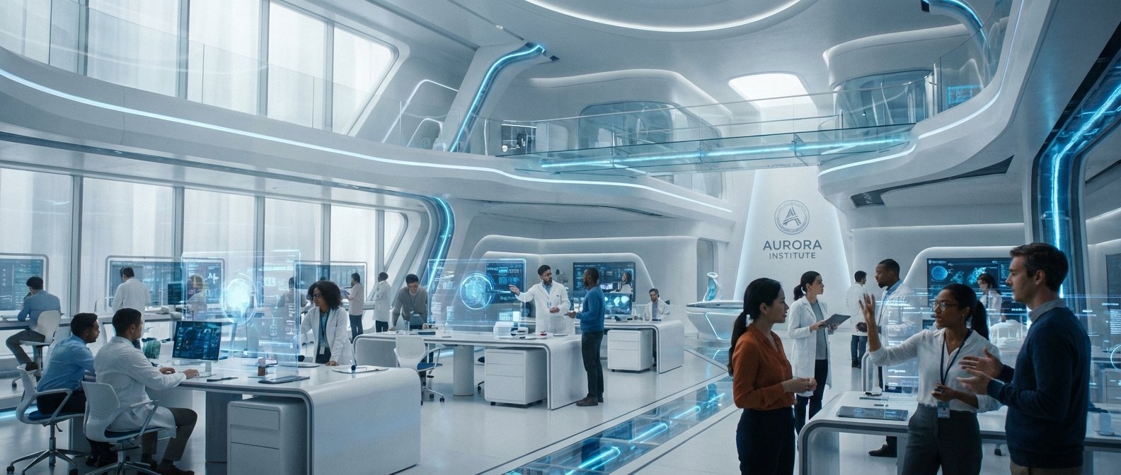 Interior de un laboratorio futurista y moderno, con un diseño elegante en tonos blancos y acentos azules luminosos. Varias personas, incluyendo científicos y profesionales (algunos con batas), trabajan en escritorios utilizando computadoras y pantallas holográficas interactivas que muestran datos y modelos 3D. El espacio cuenta con grandes ventanales, múltiples niveles y el logo 'AURORA INSTITUTE' en una pared.