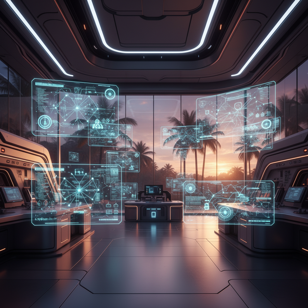 Sala de control futurista con pantallas holográficas transparentes mostrando datos y una vista exterior de palmeras tropicales al atardecer.