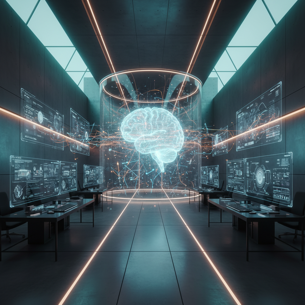 Laboratorio de alta tecnología con un cerebro humano holográfico brillante en un cilindro de cristal central, rodeado de pantallas con datos de neurociencia y estaciones de trabajo.