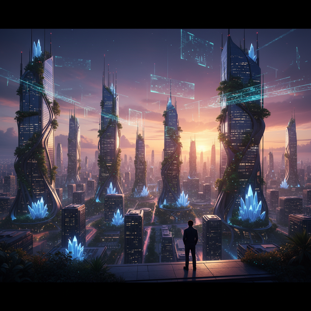Un hombre observa un paisaje urbano futurista con rascacielos cubiertos de vegetación, adornados con grandes cristales azules luminosos y pantallas holográficas en el cielo, bajo un atardecer vibrante.