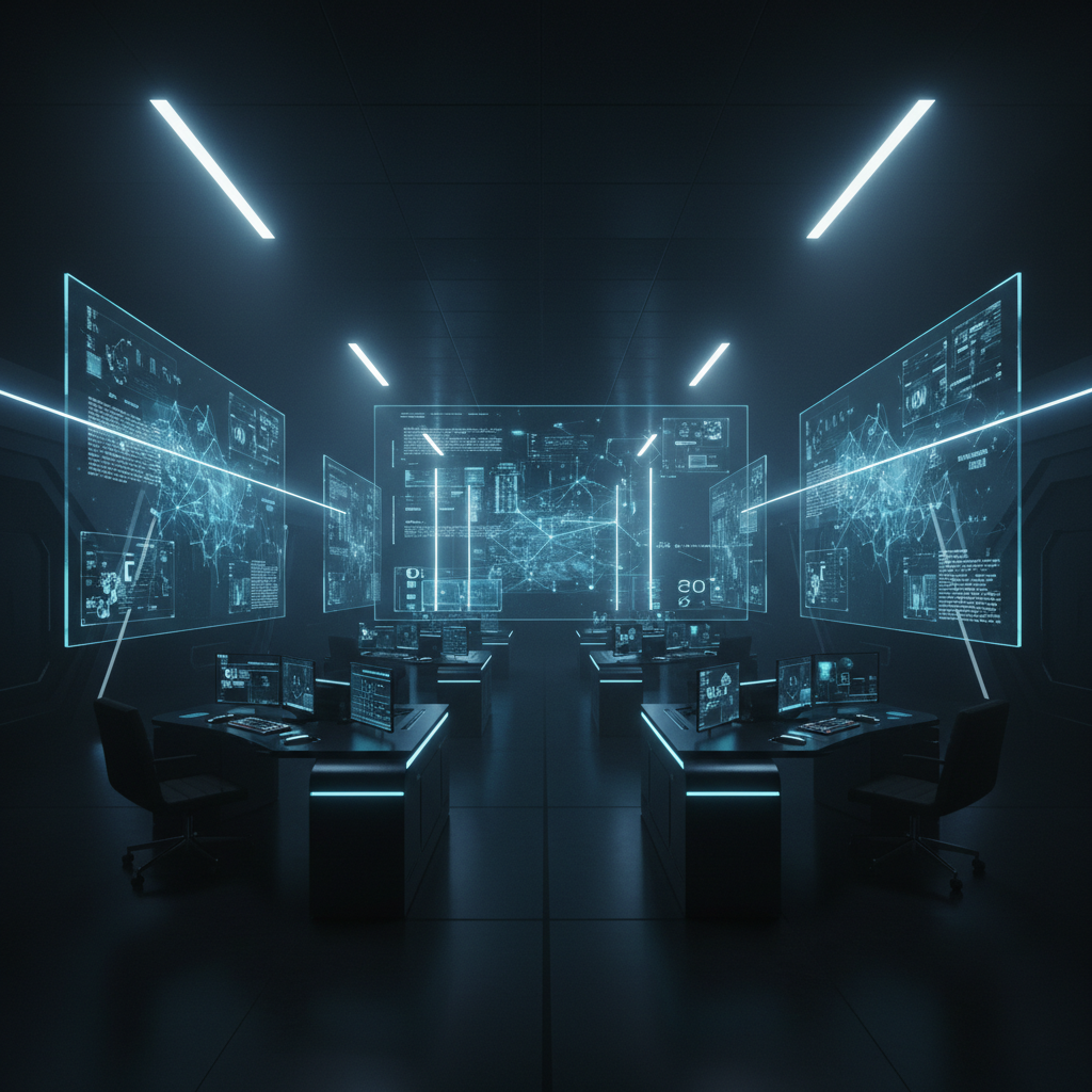 Sala de control oscura con múltiples estaciones de trabajo y grandes pantallas holográficas que muestran datos complejos y redes interconectadas en tonos azules.
