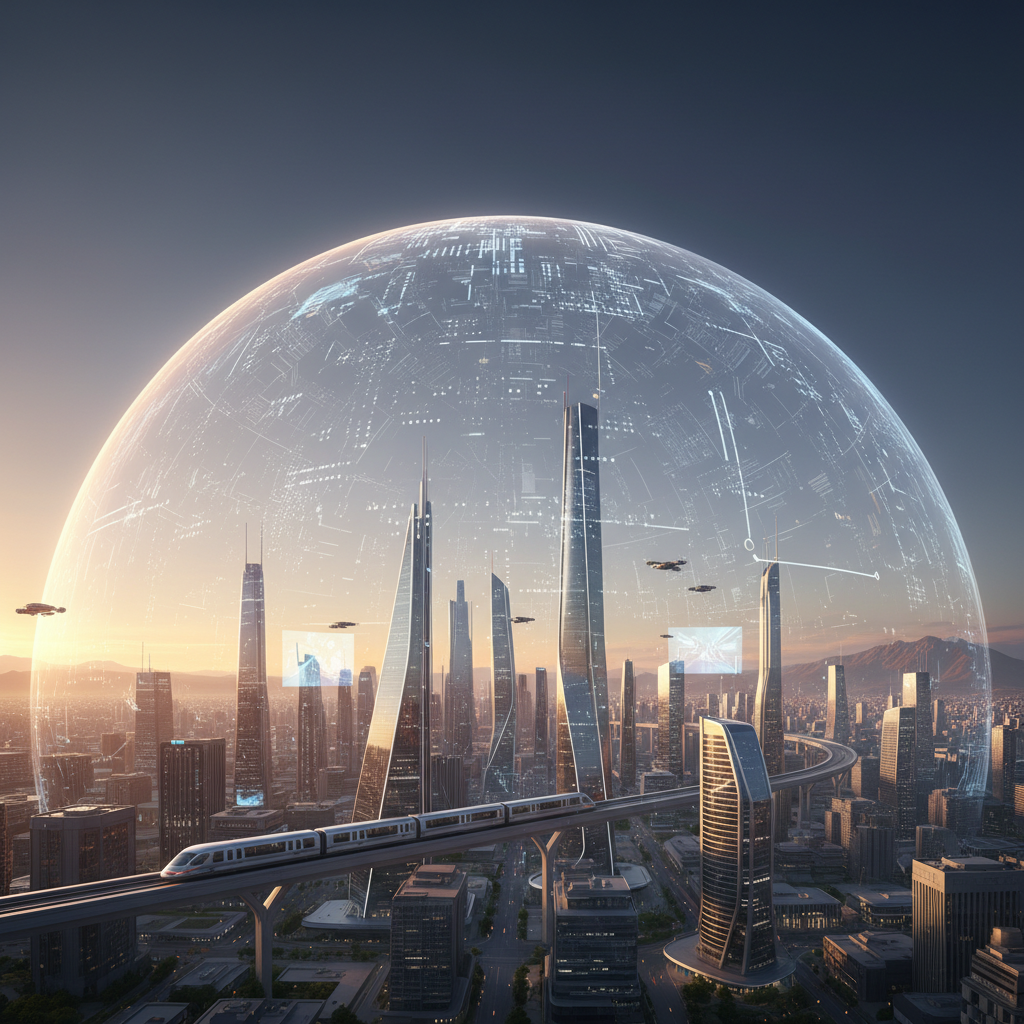 Vista aérea de una ciudad futurista con rascacielos modernos, un tren elevado y drones volando, todo cubierto por una gran cúpula transparente con un diseño de circuito digital, bajo un cielo al atardecer.