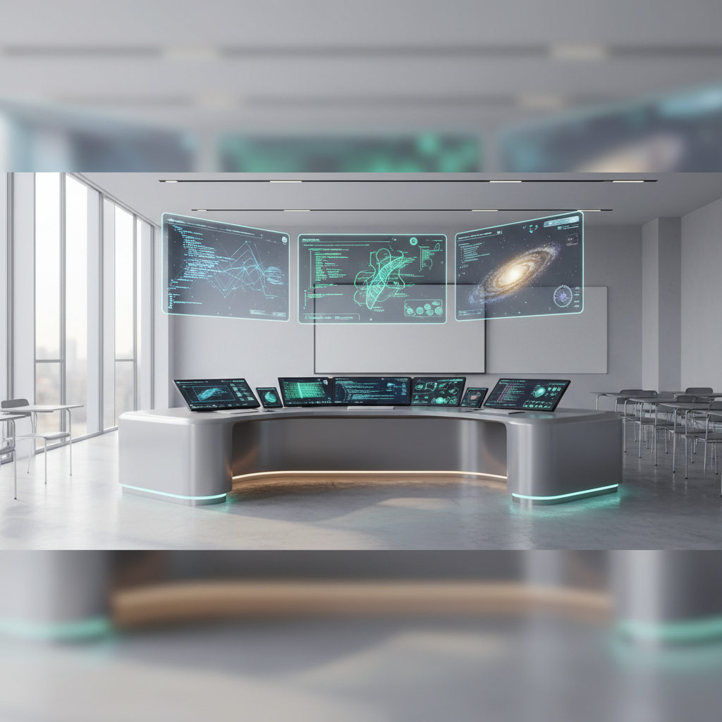 Sala de control o aula futurista con un escritorio curvo central equipado con múltiples pantallas y proyecciones holográficas que muestran código, diagramas y una galaxia. A la izquierda, grandes ventanales con vista a una ciudad, y a la derecha, mesas y sillas de aula.