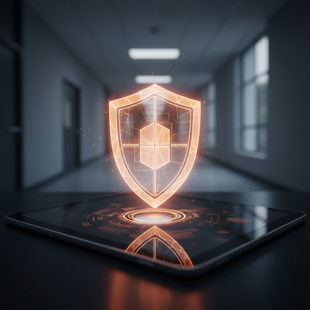 Un escudo digital holográfico de color naranja y ámbar brillante se proyecta desde una tablet negra que reposa sobre una superficie oscura, reflejando el escudo. El fondo es un pasillo de oficina oscuro y desenfocado con ventanas a la derecha.